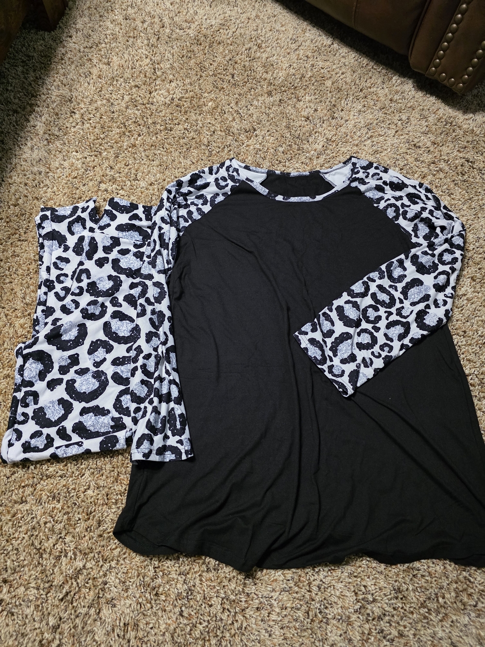 Black Raglan Long Sleeve Top with White & Black Leopard Sleeves